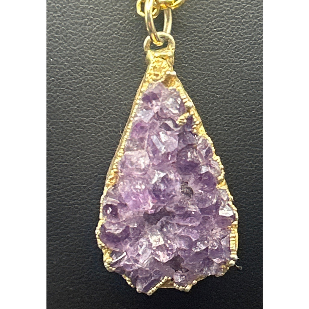 Vintage Premier Designs Amethyst Druzy Pendant Necklace 24" Gold Tone Crown Logo