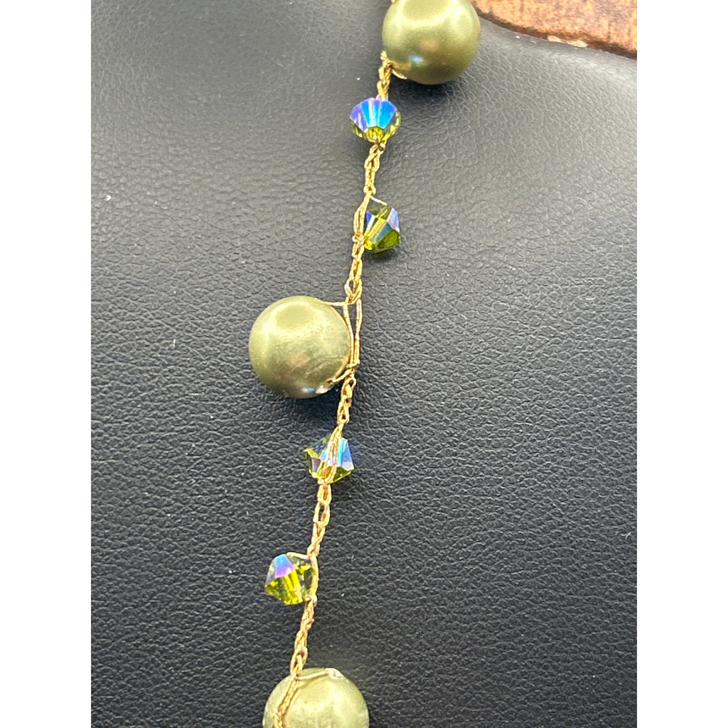 Handmade AB Crystal Gold Tone Station Necklace Wire Wrapped Beads