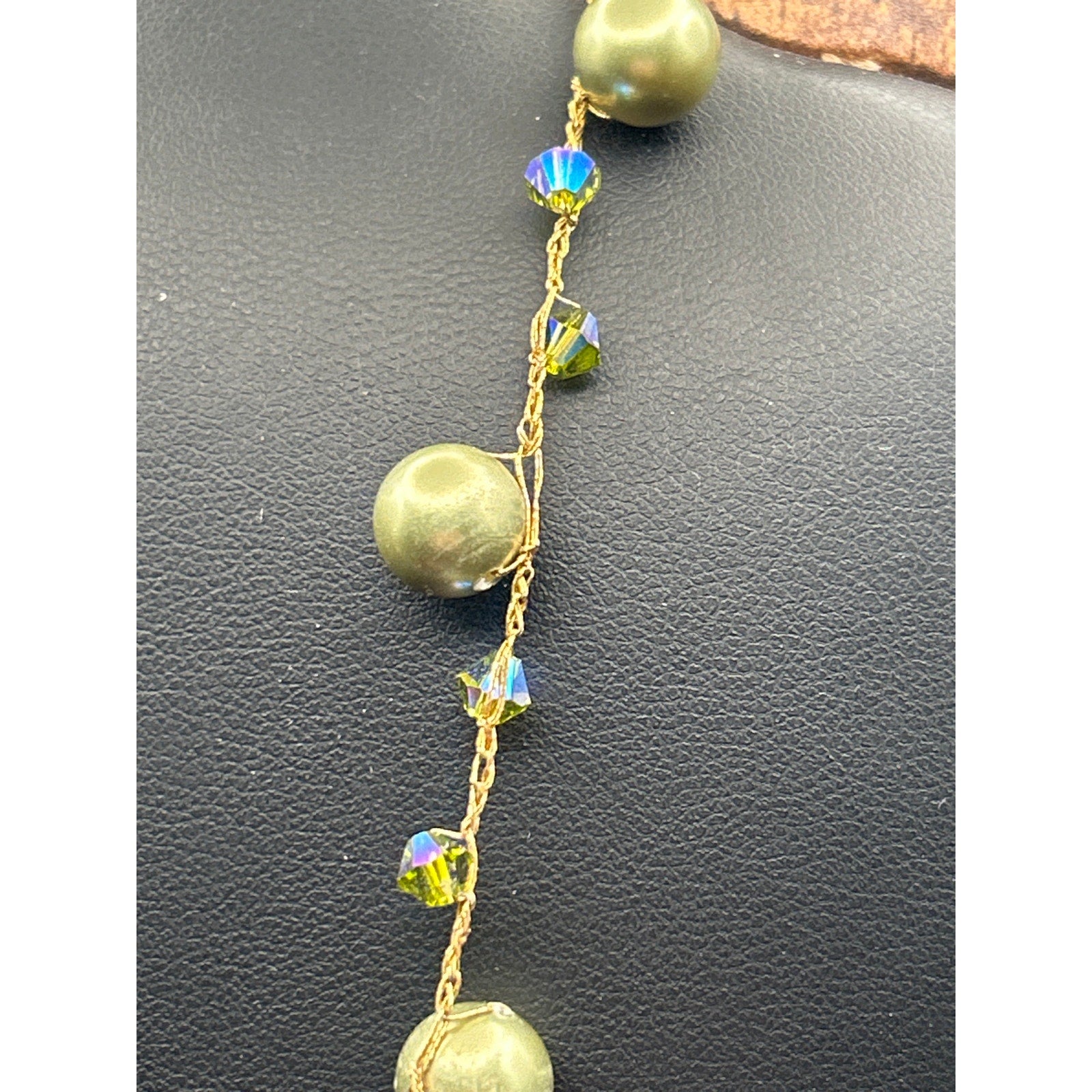 Handmade AB Crystal Gold Tone Station Necklace Wire Wrapped Beads