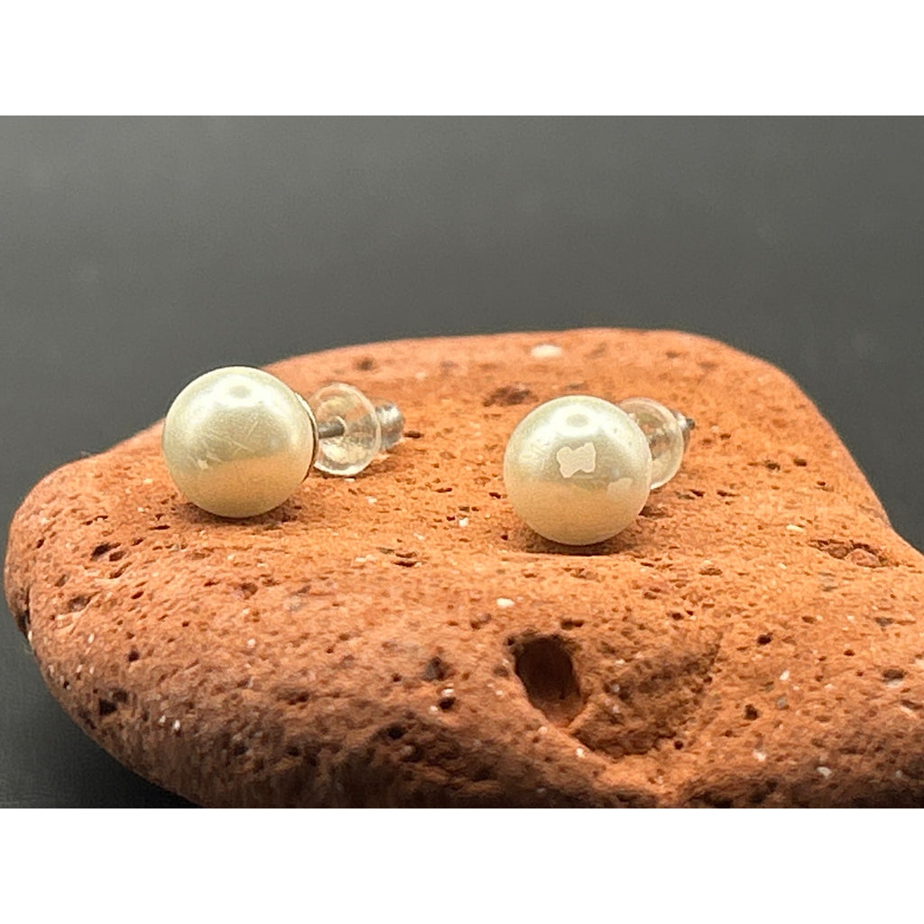 Vintage 6mm Faux Pearl Stud Earrings Silver Tone Posts Classic White