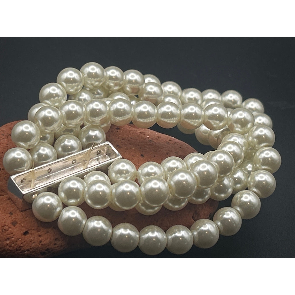 Vintage 4 Strand Glass Pearl Bracelet | Retro Silver Rhinestone Clasp Bridal