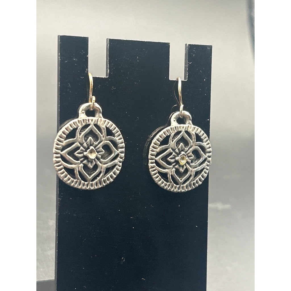 Vintage Silver Tone SE Asian Style Embossed Floral Disc Dangle Earrings