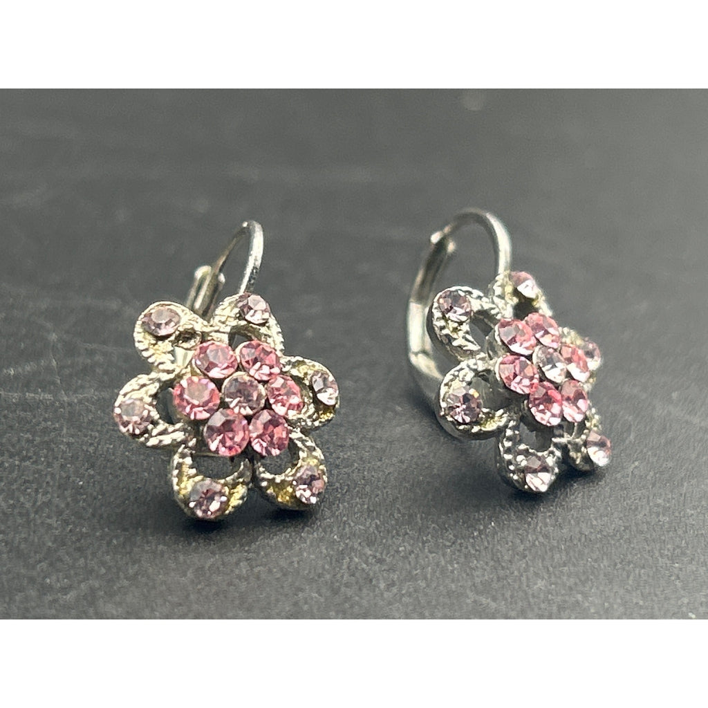 Vintage Silver Tone Pink Rhinestone Floral Dangle Drop Earrings