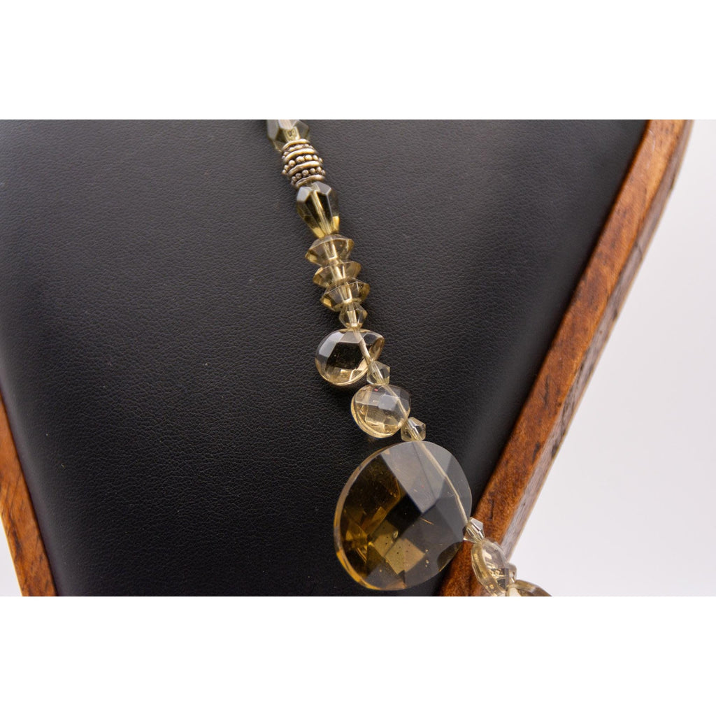 Vintage Smokey Quartz Silver Bead Necklace 16" Graduated Faceted 41.6g Statement Gemstone 1940s-70s