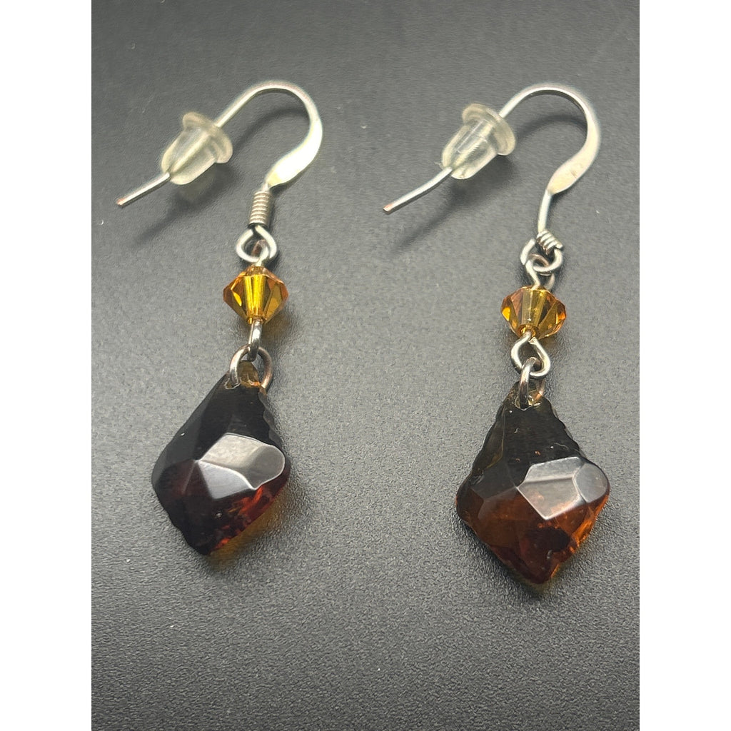 Vintage Amber Faceted Dangle Earrings | Orange Bead Diamond Drop
