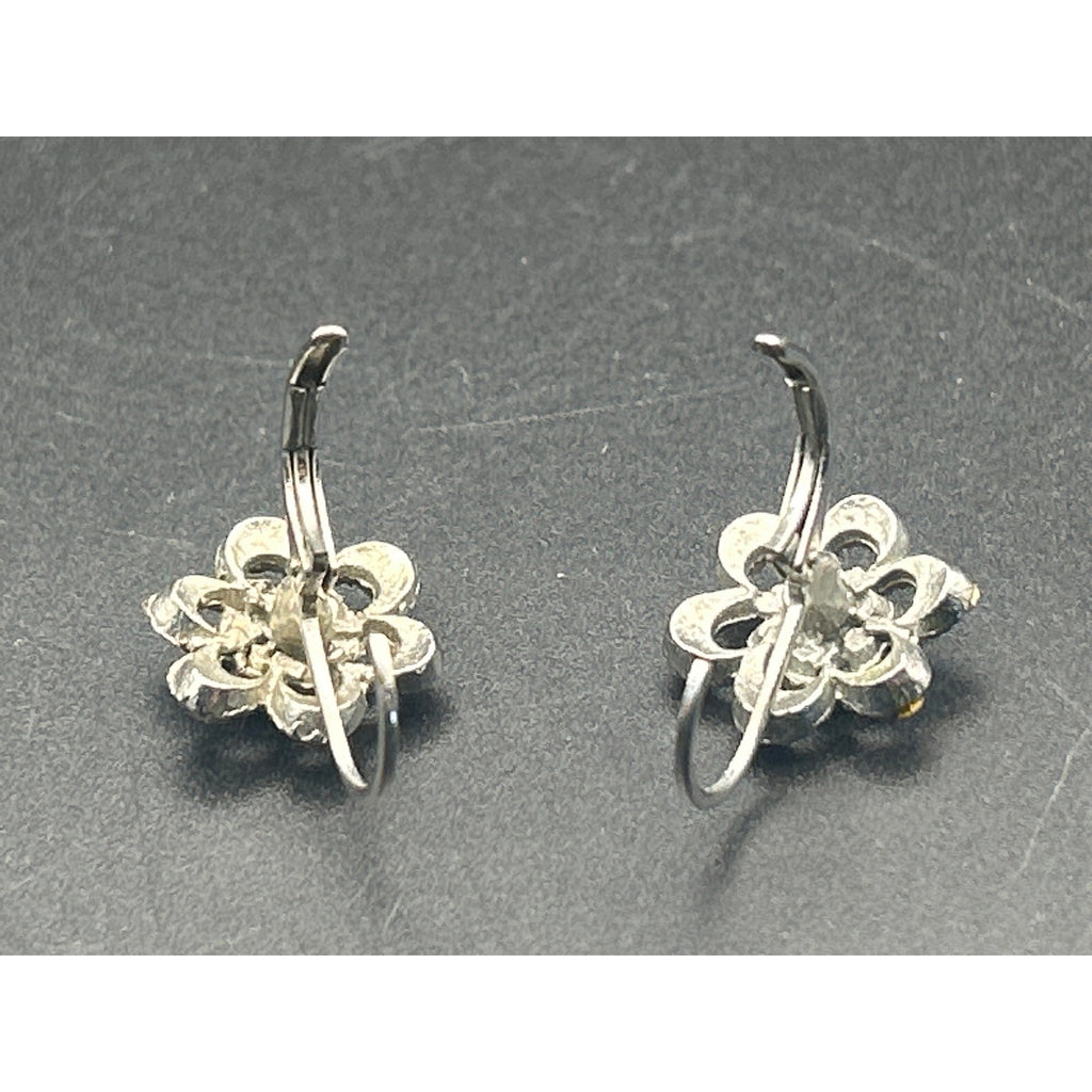 Vintage Silver Tone Pink Rhinestone Floral Dangle Drop Earrings