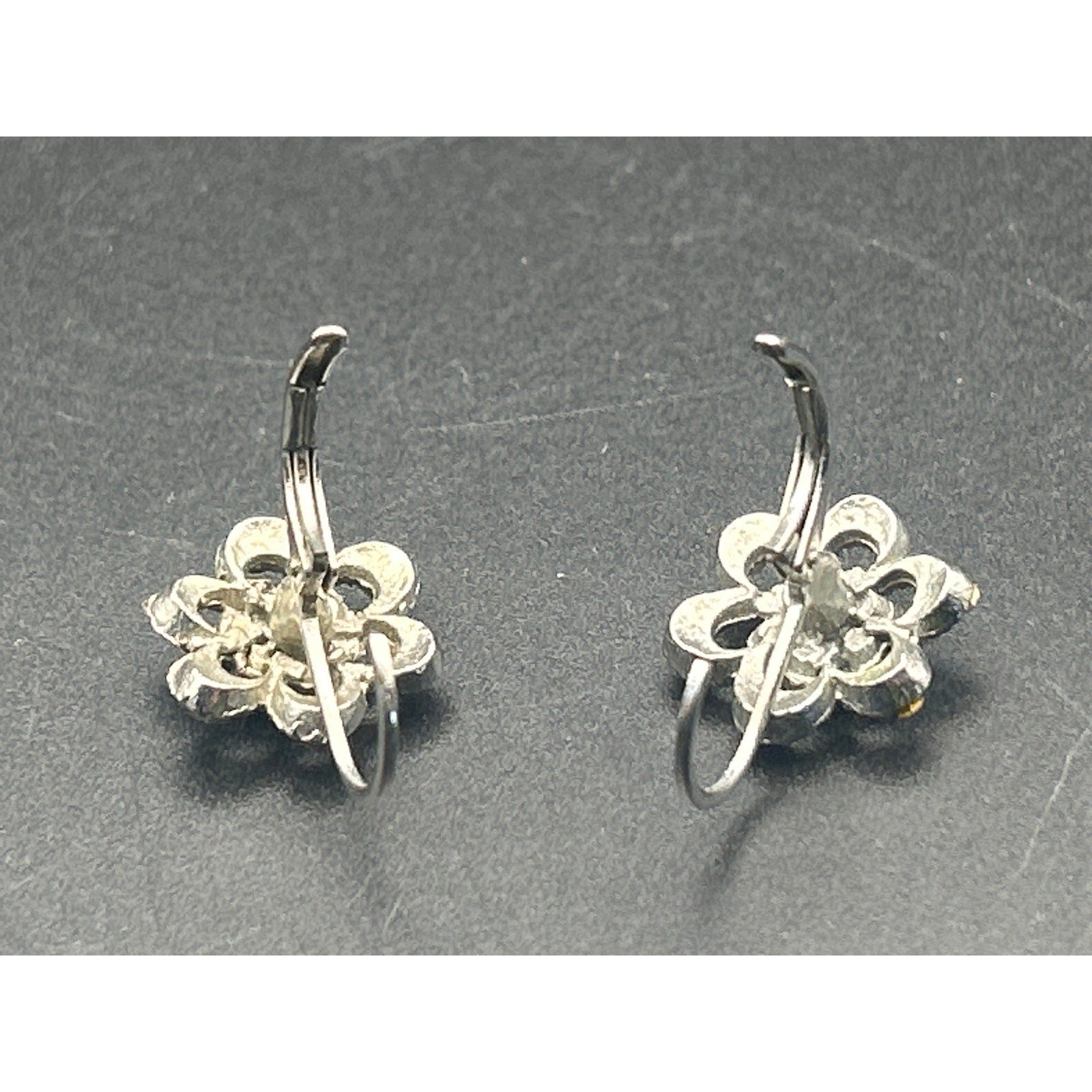 Vintage Silver Tone Pink Rhinestone Floral Dangle Drop Earrings