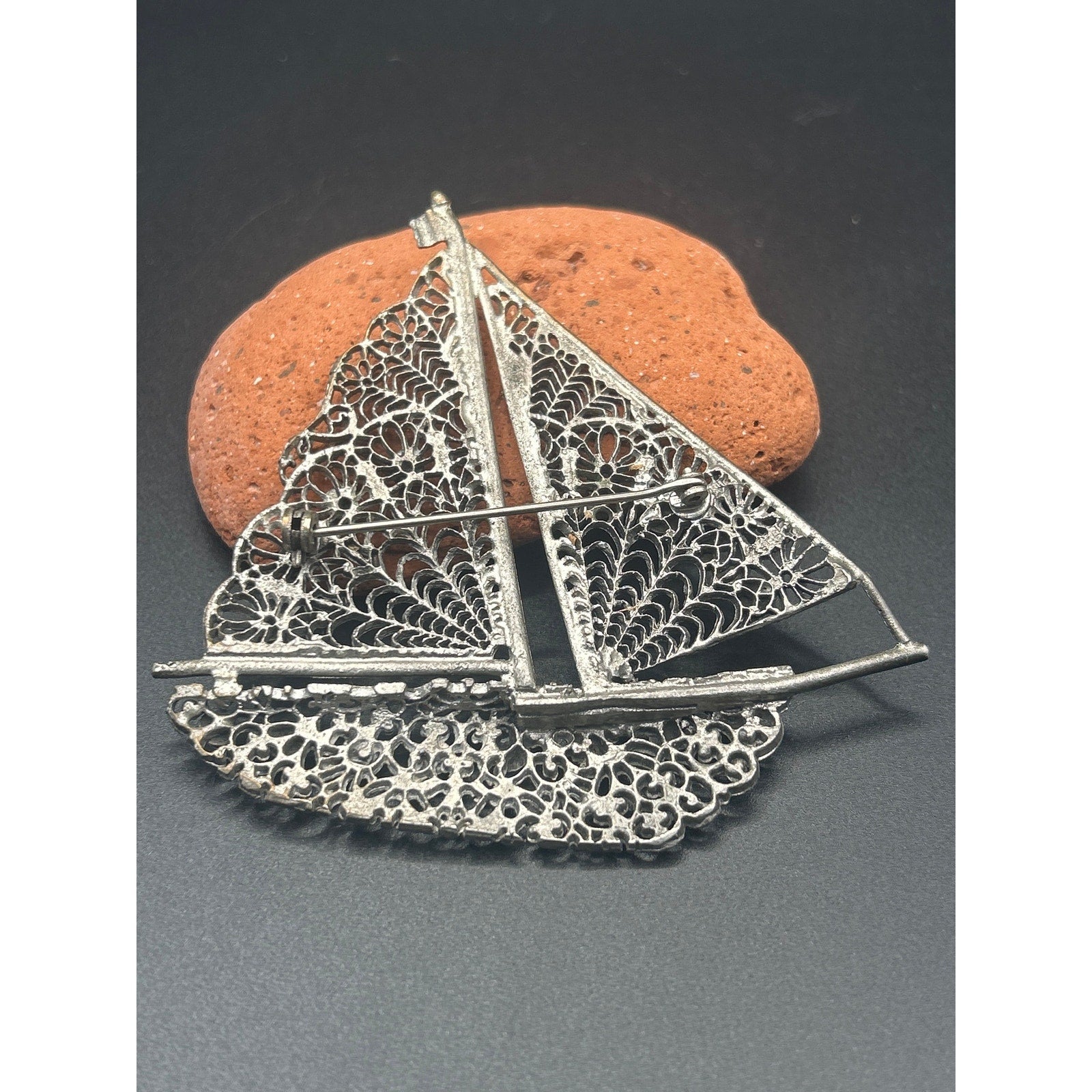 Vintage Silver Tone Filigree Sailboat Brooch Rhinestone Nautical Pin 3x3"