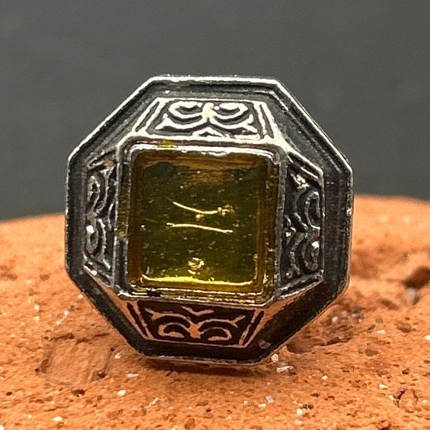 Vintage Geometric Octagon Yellow Glass Gem Silver Tone Lapel Pin