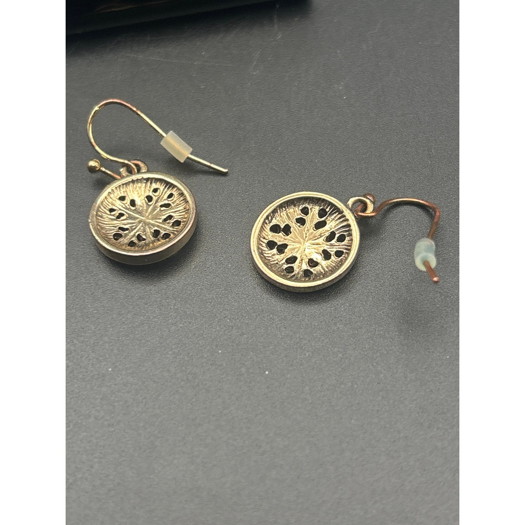 Vintage Gold Tone SE Asian Style Filigree Disc Dangle Earrings Black Stone
