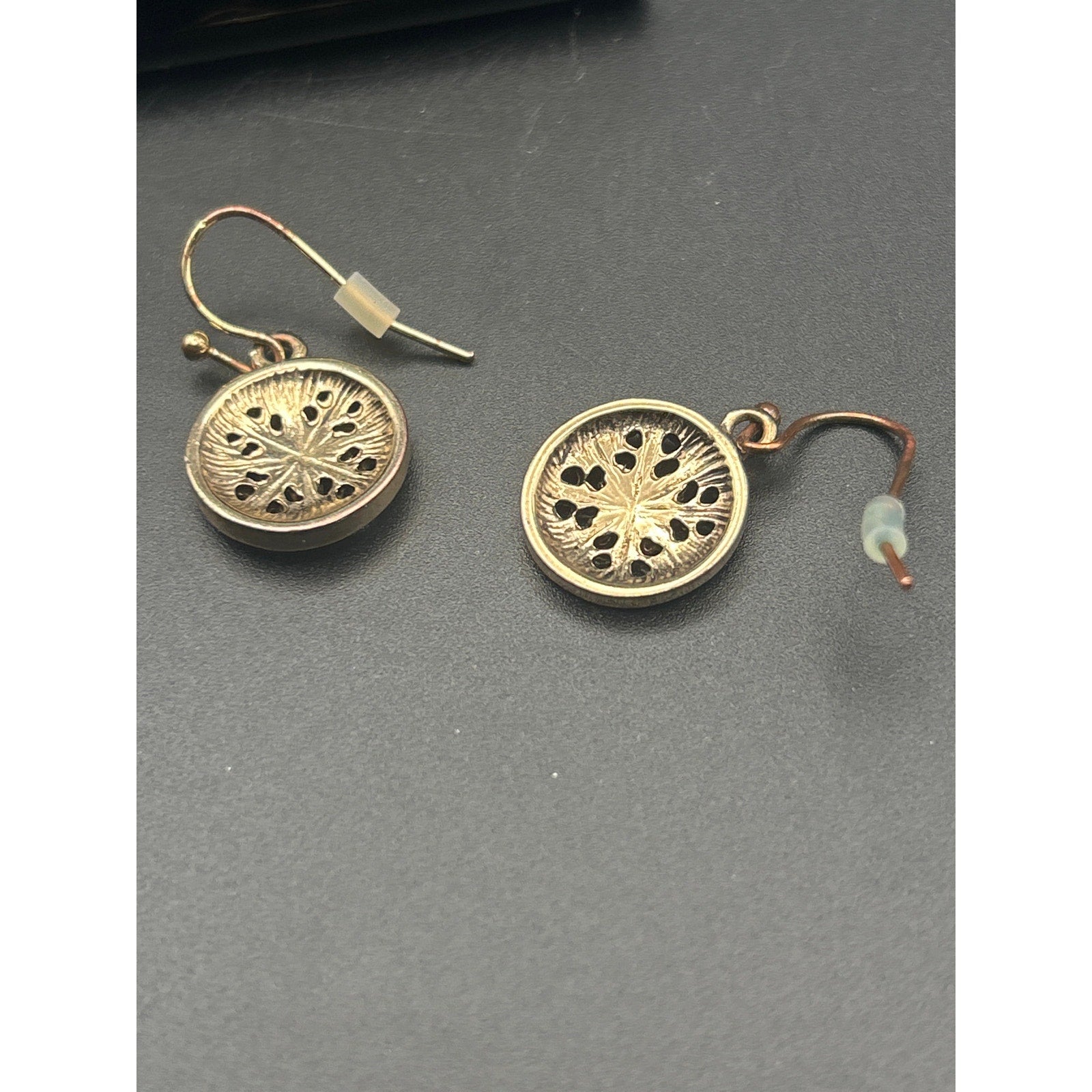 Vintage Gold Tone SE Asian Style Filigree Disc Dangle Earrings Black Stone