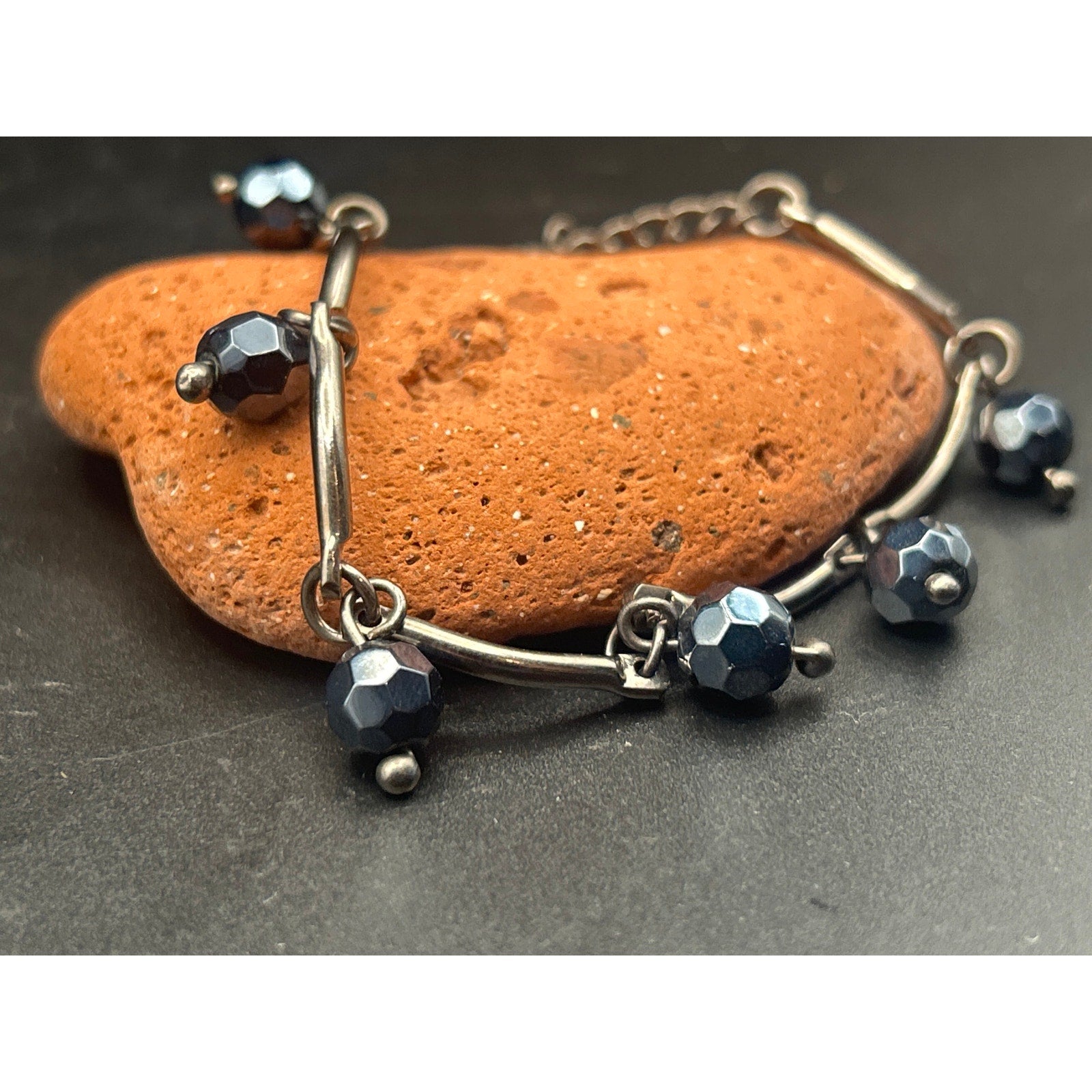 Vintage Silver Tone Adjustable Dark Navy Beaded Chain Bracelet