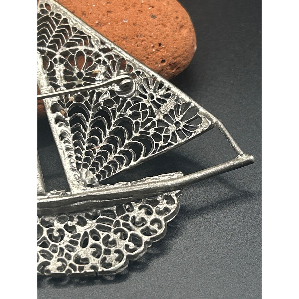 Vintage Silver Tone Filigree Sailboat Brooch Rhinestone Nautical Pin 3x3"