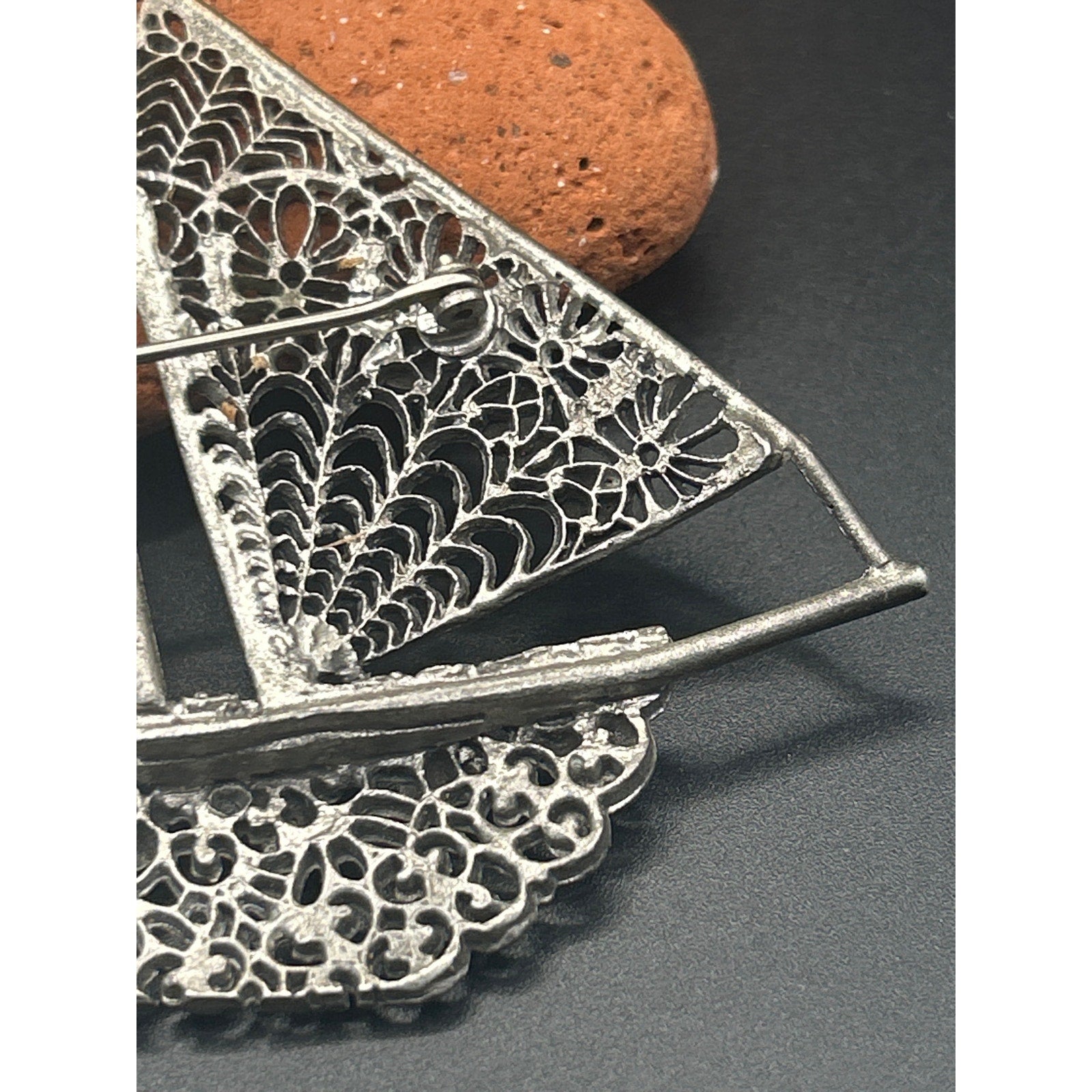 Vintage Silver Tone Filigree Sailboat Brooch Rhinestone Nautical Pin 3x3"
