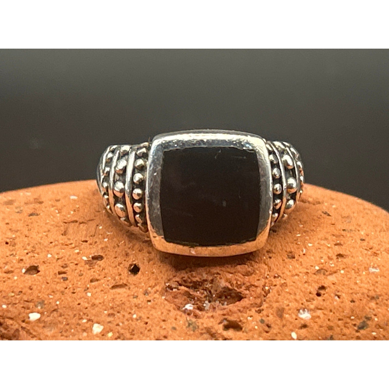 Vintage 90s Sterling Silver Black Onyx Statement Ring Size 7 Thailand 925 Ribbon