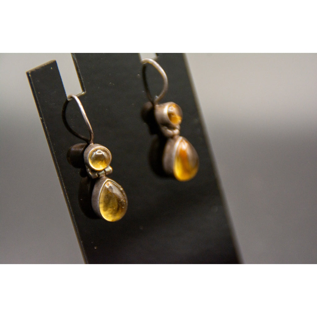 Vtg 925 Sterling Silver Citrine Cabochon Hinge Teardrop Dangle Hook Earrings