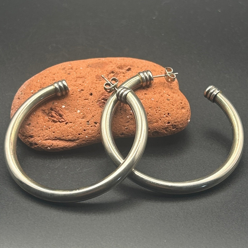Vintage Silver Tone Wire Wrapped Cuffed Open Hoop Earrings 2 Inch