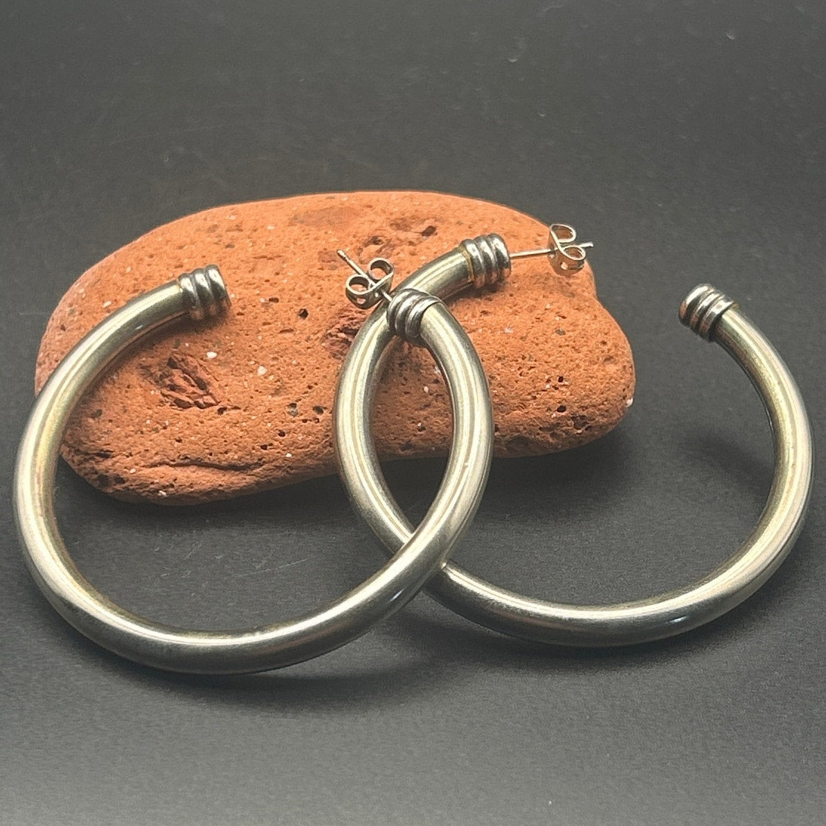 Vintage Silver Tone Wire Wrapped Cuffed Open Hoop Earrings 2 Inch