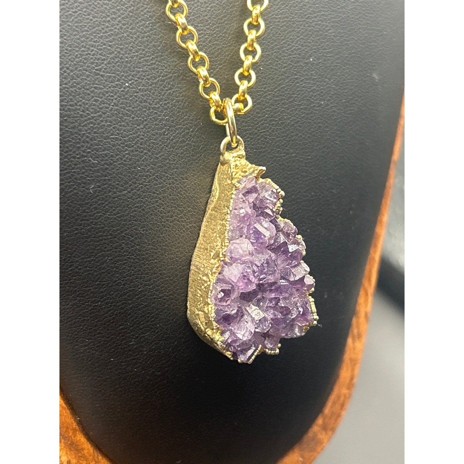 Vintage Premier Designs Amethyst Druzy Pendant Necklace 24" Gold Tone Crown Logo