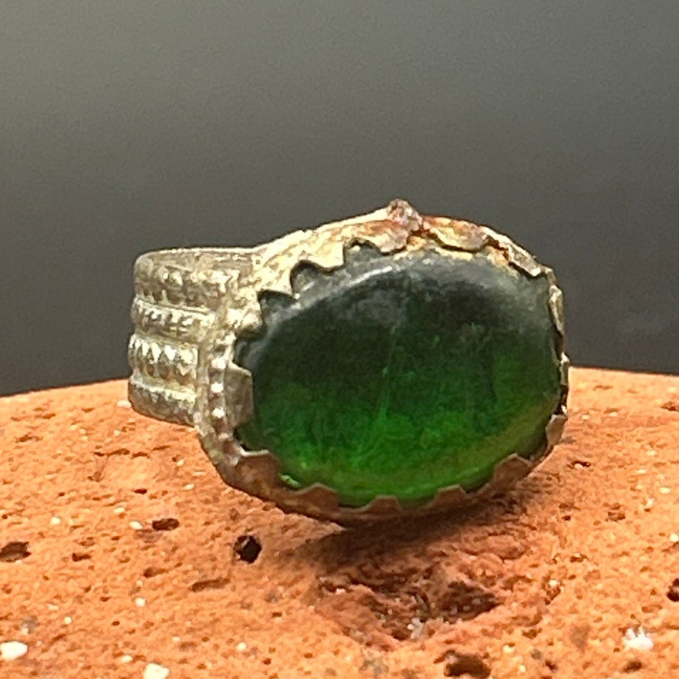 Vintage Afghan Kochi Tribal Ring Hand Poured Green Glass Size 5.5 Nomadic