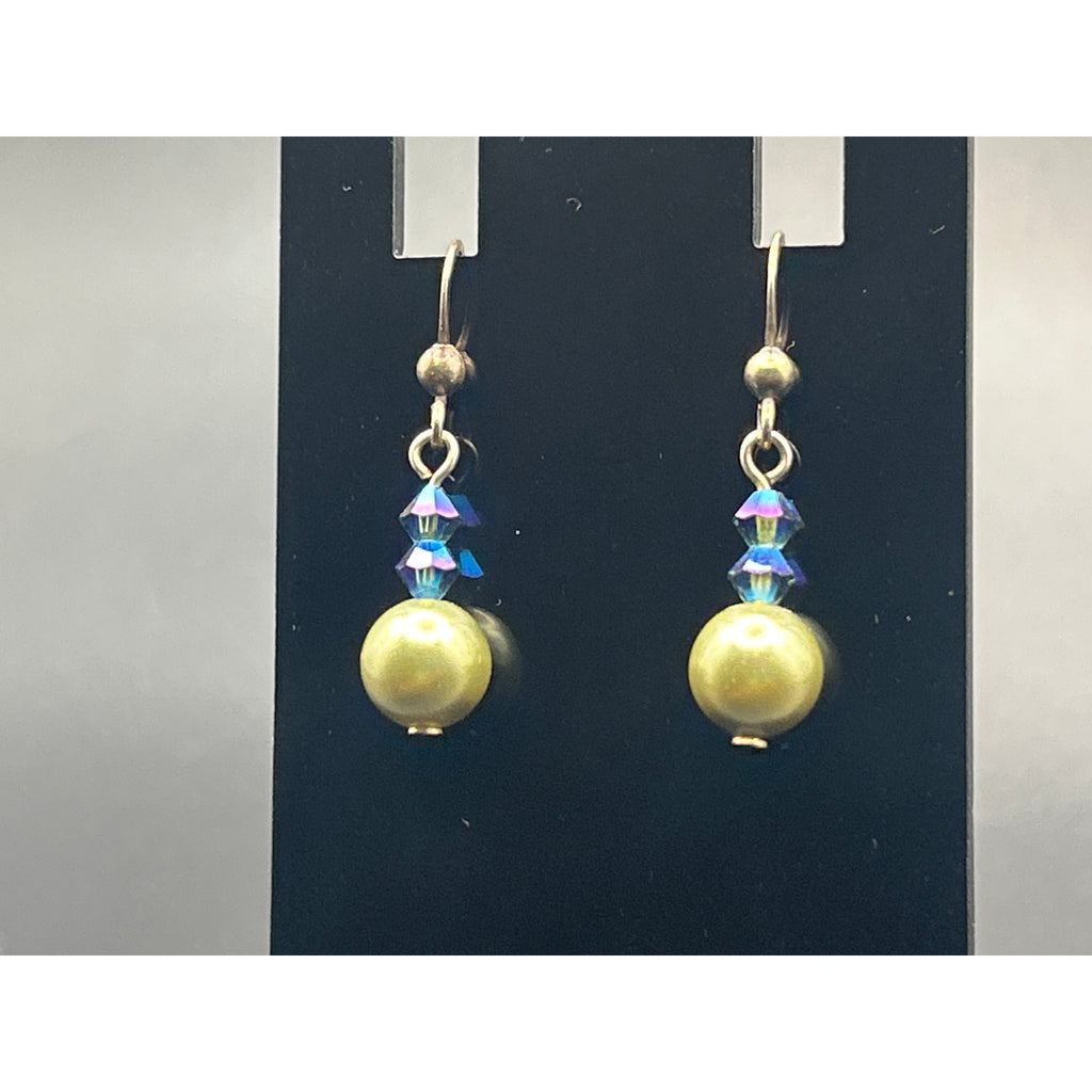 Handmade Olive Green Faux Pearl AB Crystal Bead Drop Dangle Earrings