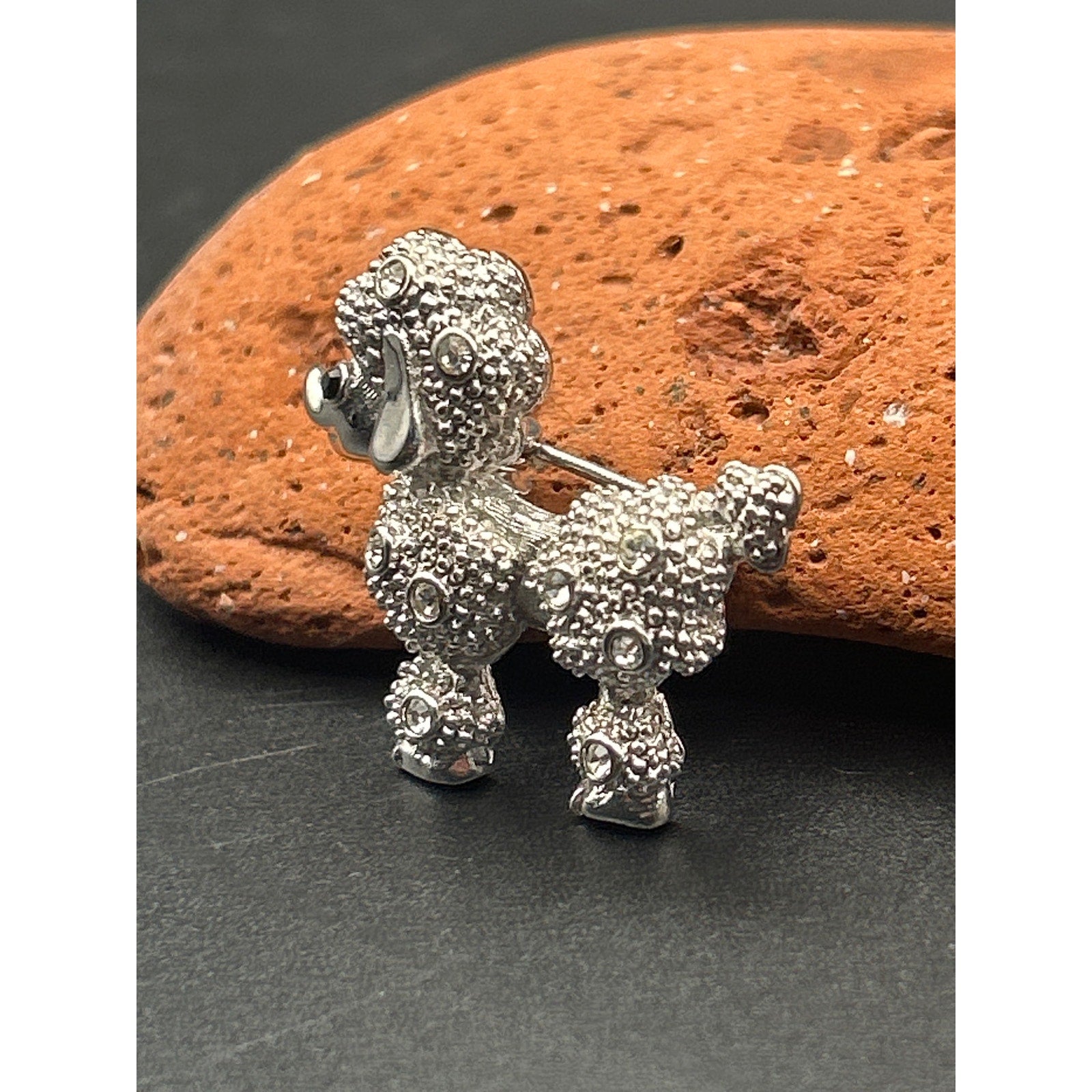 Vintage Silver Tone Textured Poodle Brooch Pin | Retro Rhinestone Dog Gift