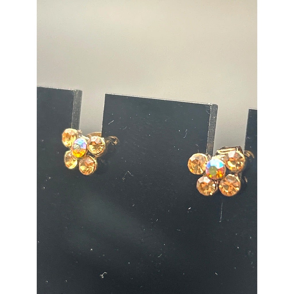 Vintage Gold Tone AB Crystal Cluster Spiral Earrings Iridescent Dangle Drop