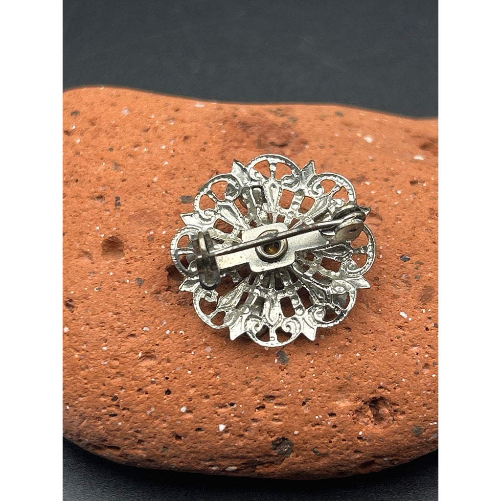 Vintage Mid Century Silver Tone AB Rhinestone Flower Brooch | 1960s Aurora Pin