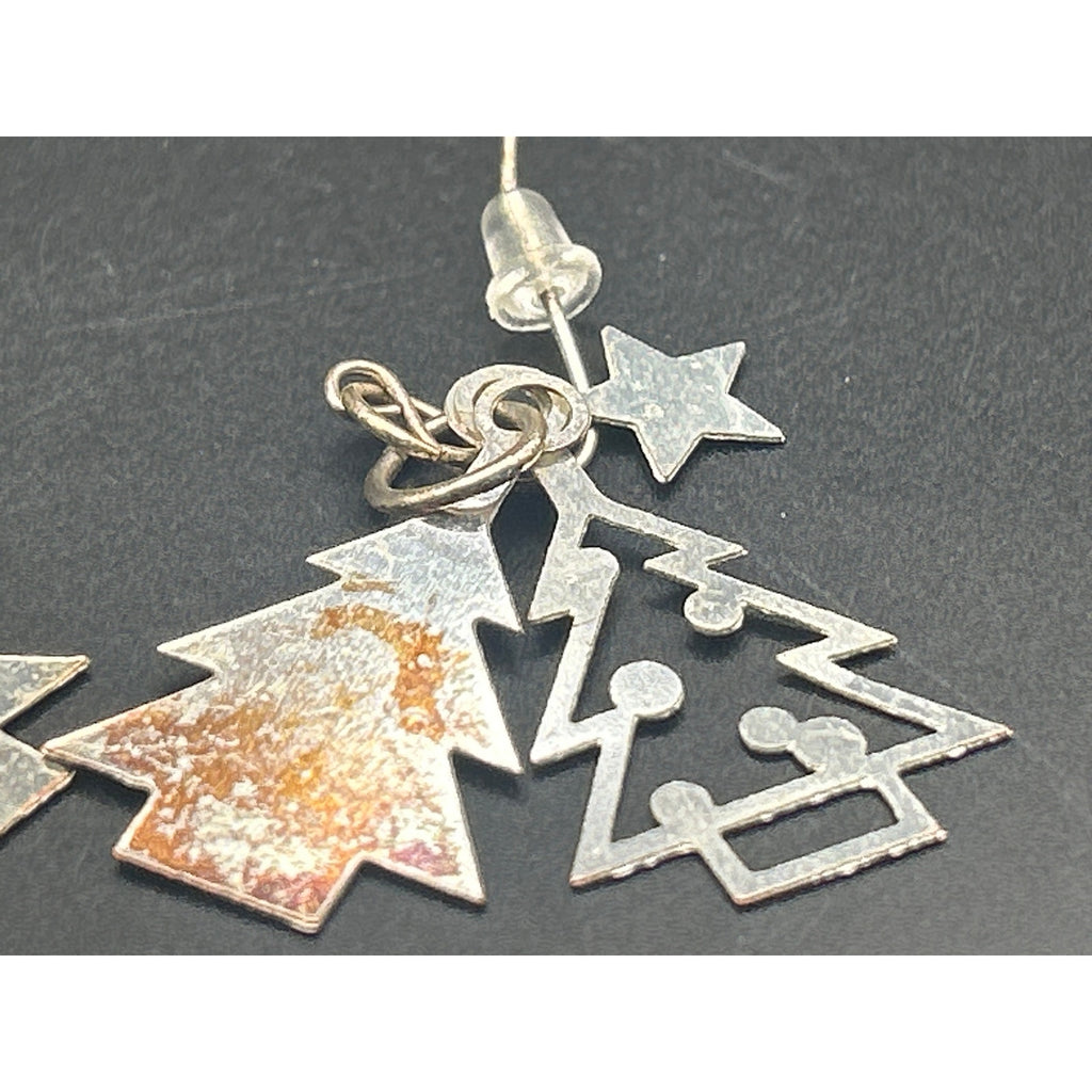 Christmas Tree Enamel Silver Tone Triple Layer Dangle Earrings Holiday Xmas