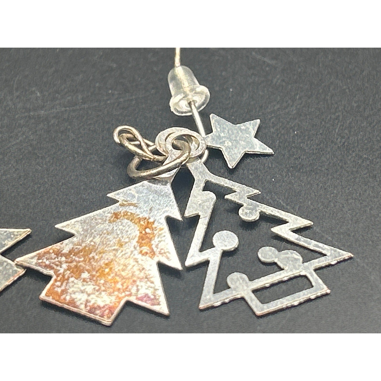 Christmas Tree Enamel Silver Tone Triple Layer Dangle Earrings Holiday Xmas