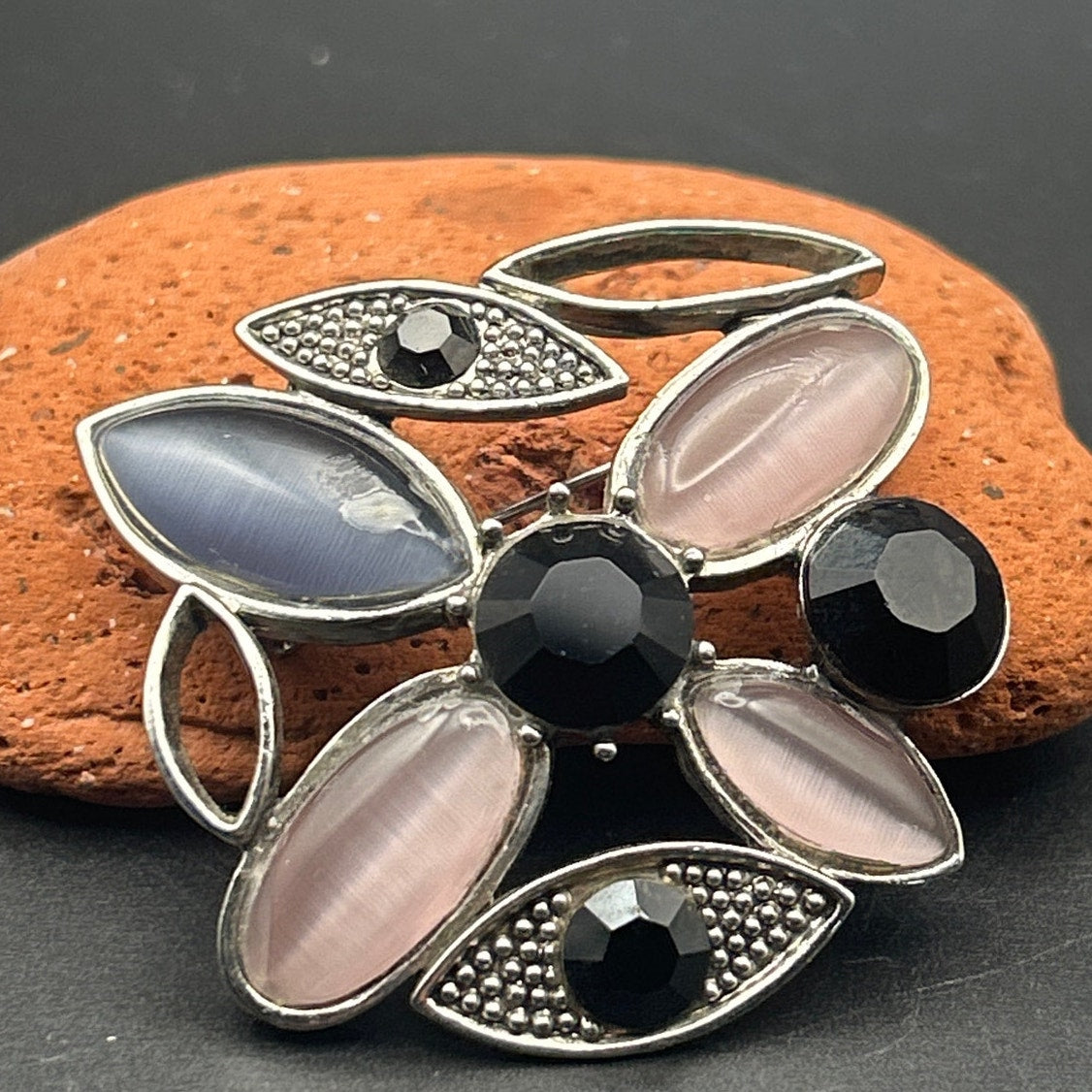 Vintage 1980s Evil Eye Brooch Pin Pink Black Purple Marquise Silver Tone Gothic
