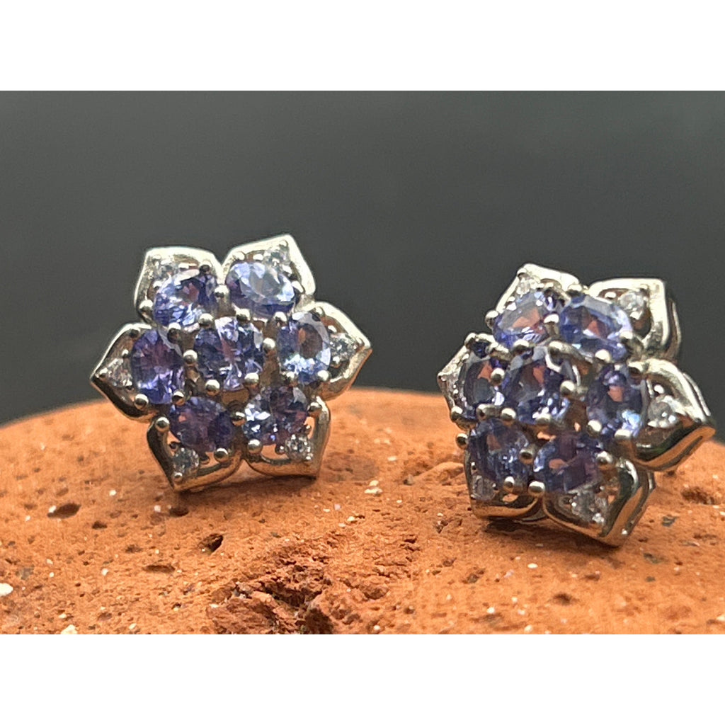 Vintage Purple White Stone Floral Rosette Cluster Stud Earrings Silver Tone