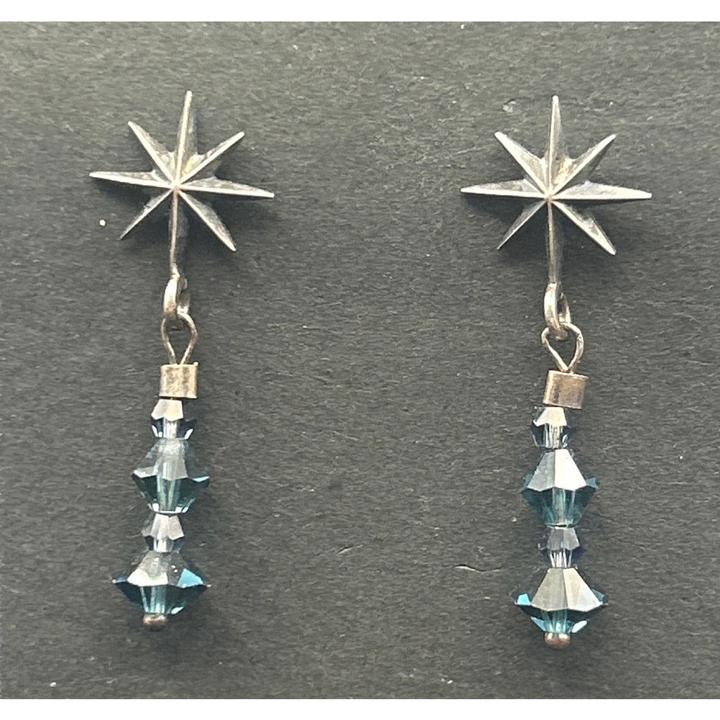 Vintage Sterling Silver 925 North Star Blue Crystal Dangle Drop Post Earrings