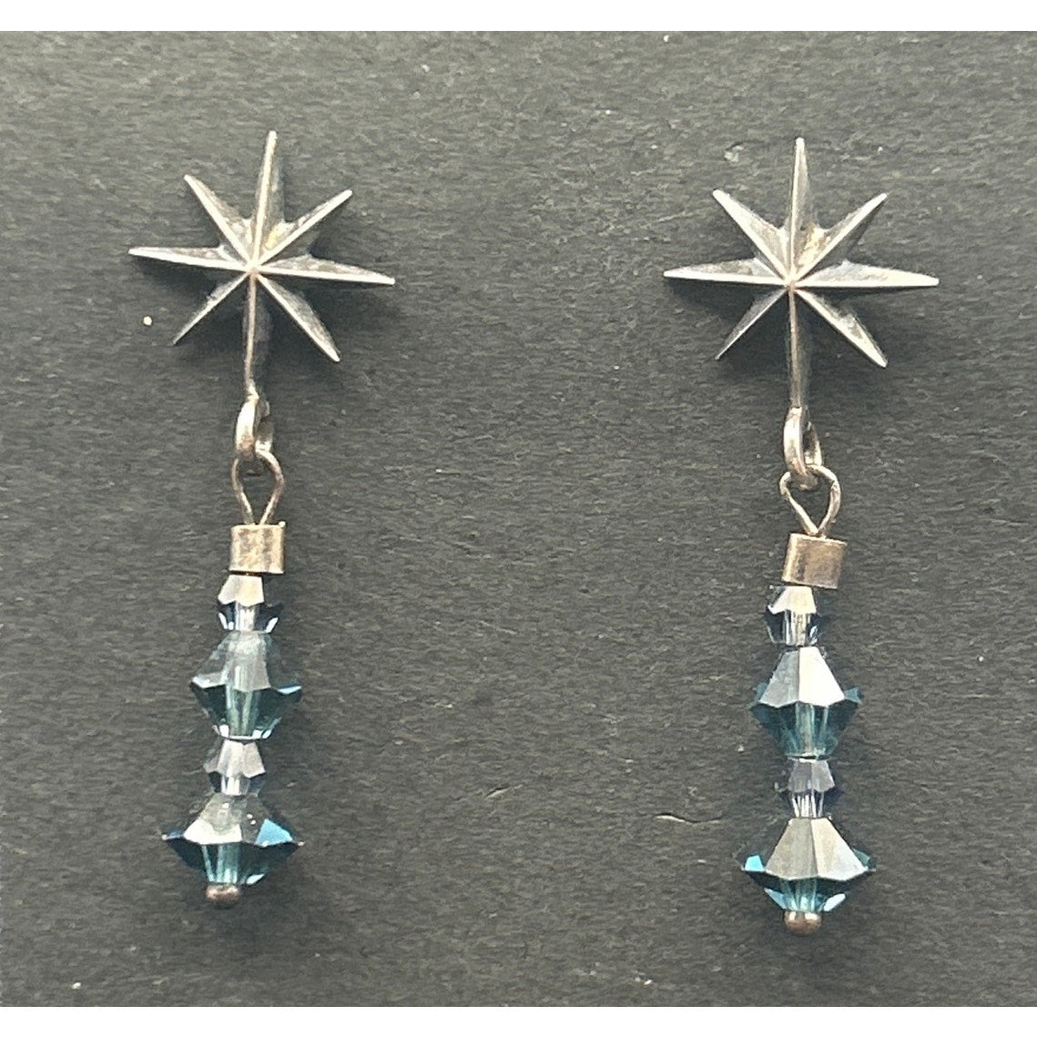 Vintage Sterling Silver 925 North Star Blue Crystal Dangle Drop Post Earrings