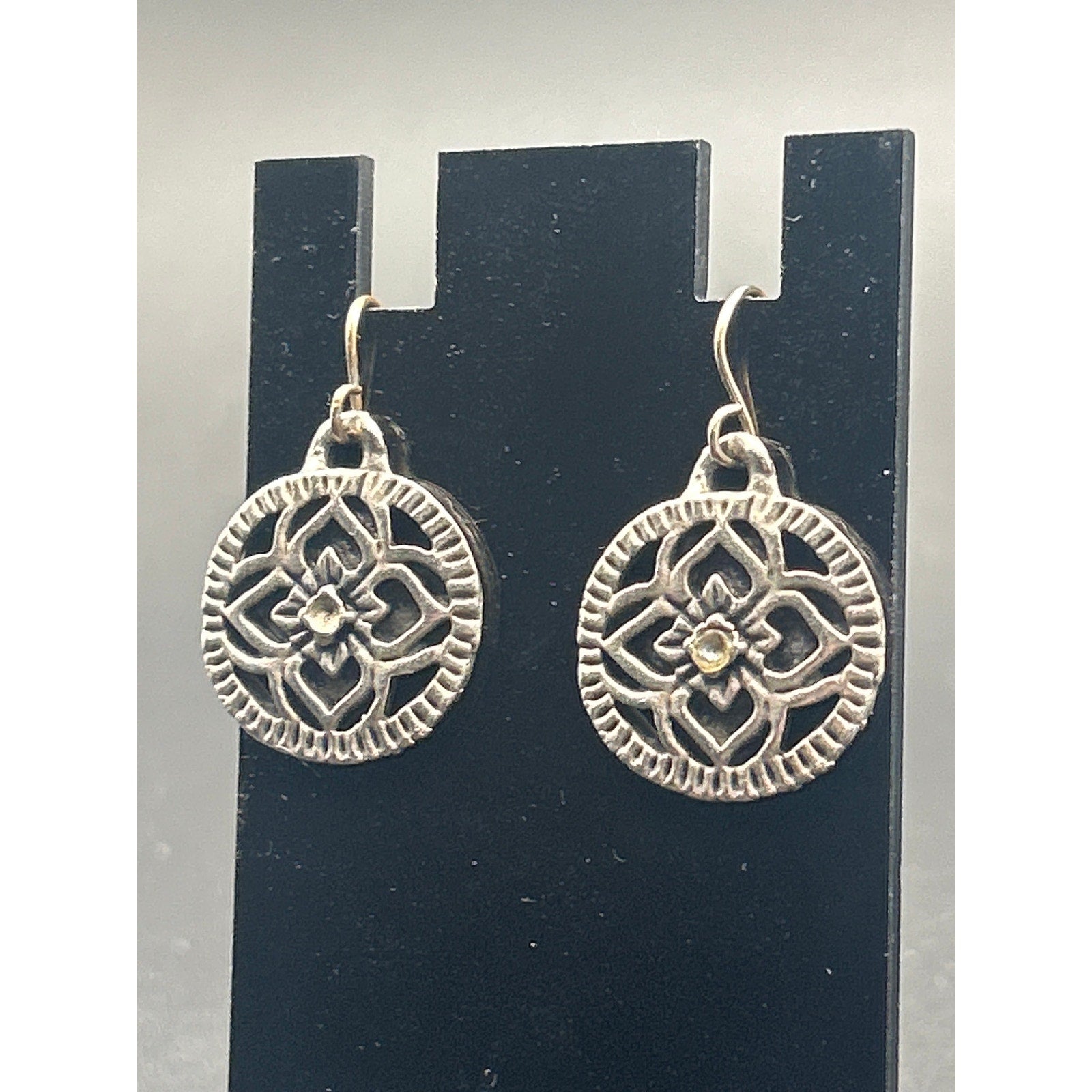 Vintage Silver Tone SE Asian Style Embossed Floral Disc Dangle Earrings