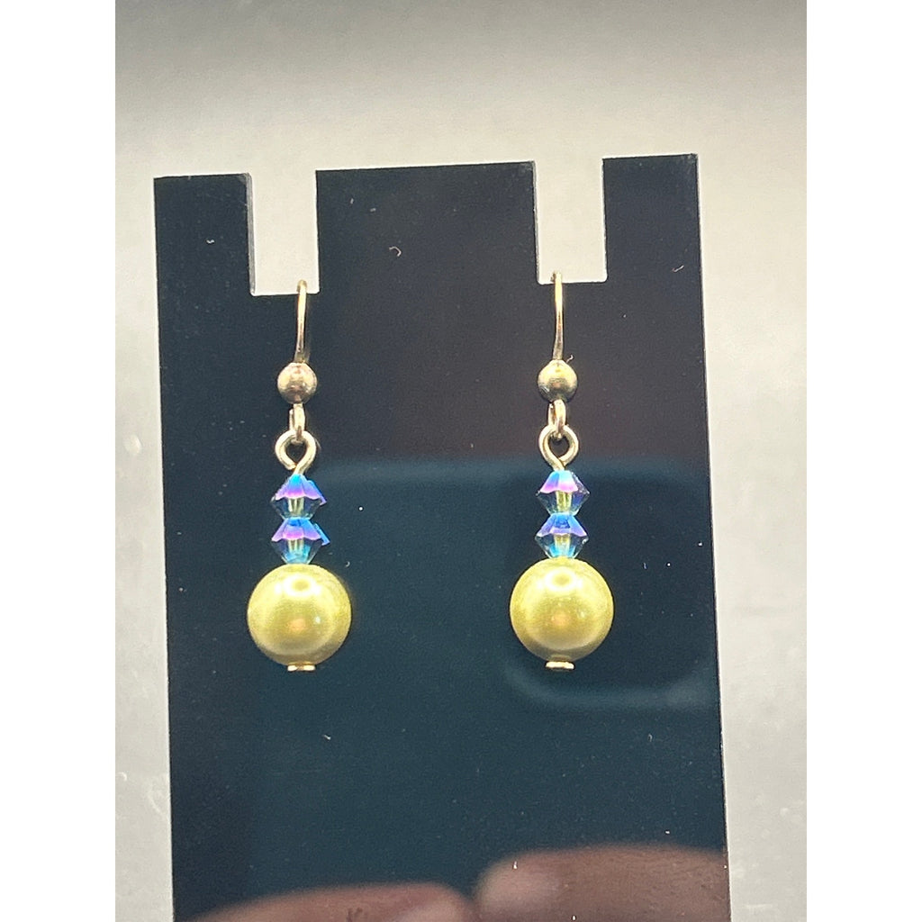 Handmade Olive Green Faux Pearl AB Crystal Bead Drop Dangle Earrings