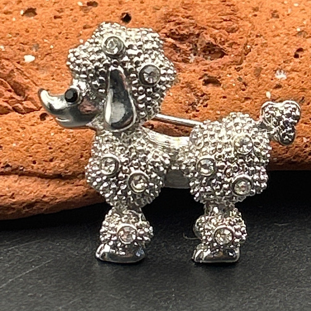 Vintage Silver Tone Textured Poodle Brooch Pin | Retro Rhinestone Dog Gift