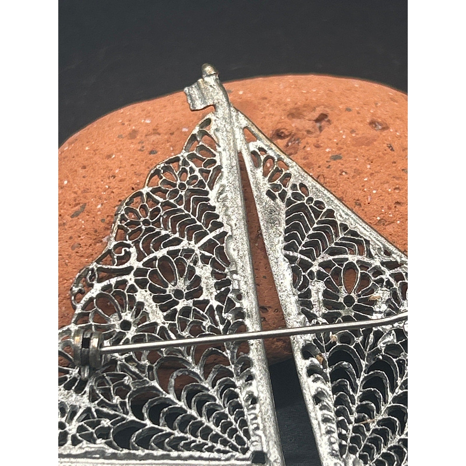 Vintage Silver Tone Filigree Sailboat Brooch Rhinestone Nautical Pin 3x3"