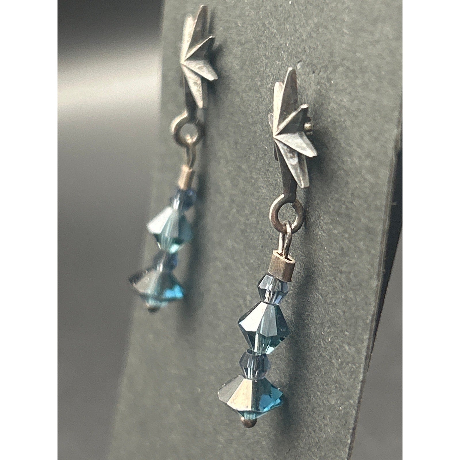 Vintage Sterling Silver 925 North Star Blue Crystal Dangle Drop Post Earrings