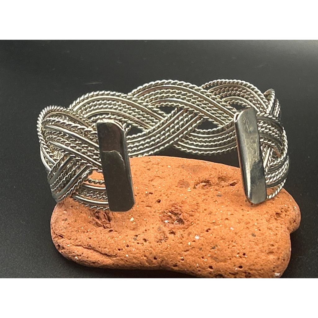 Vintage Silver Tone Braided Wire Cuff Bracelet Mixed Texture Open Bangle Adjust