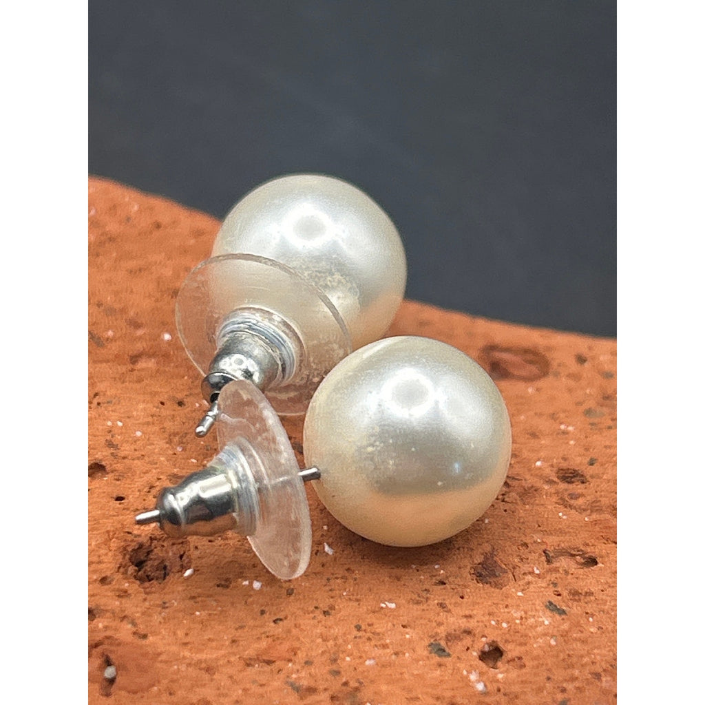 Vintage 10mm White Faux Pearl Stud Earrings Silver Tone Pierced Posts Classic