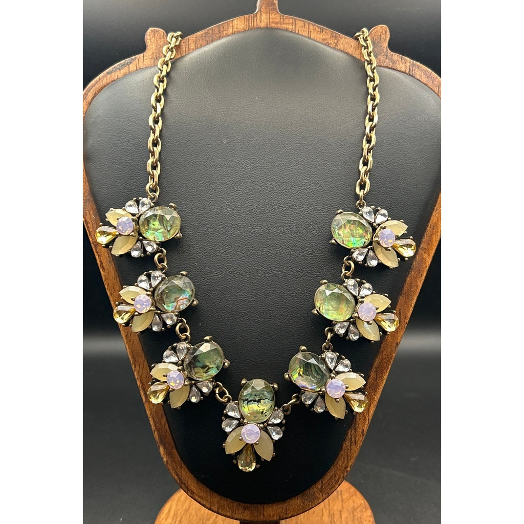 Vintage Gold Tone Pastel Green AB Crystal Cluster Statement Necklace