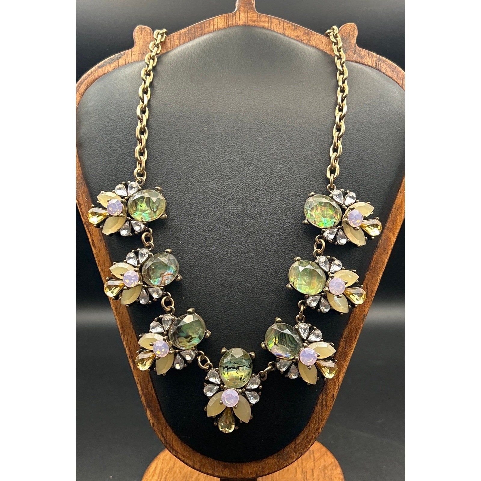 Vintage Gold Tone Pastel Green AB Crystal Cluster Statement Necklace