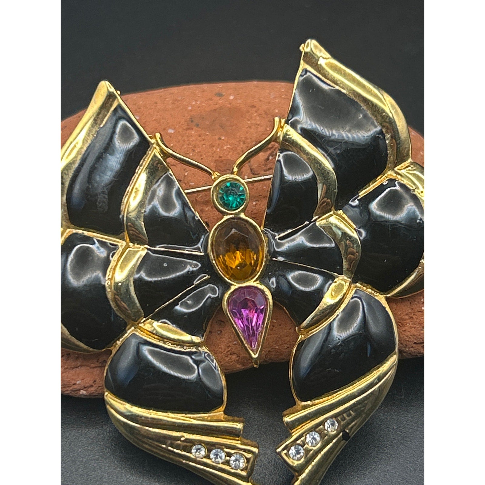 Vintage 80s Gold Tone Black Enamel Butterfly Brooch Colorful Rhinestones 2.25"