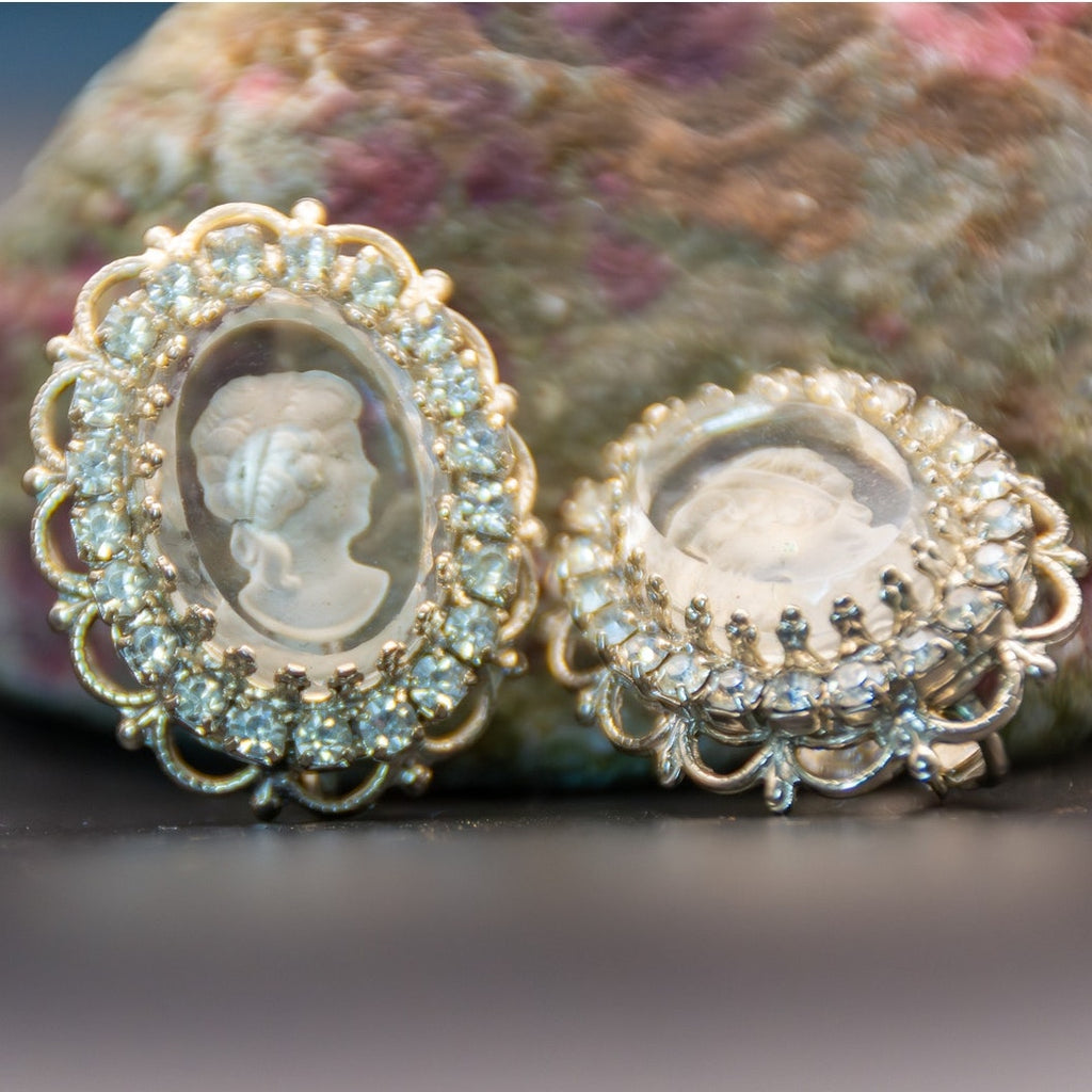 Vintage Joseph Warner Intaglio Cameo Glass and Rhinestone Clip On Earrings