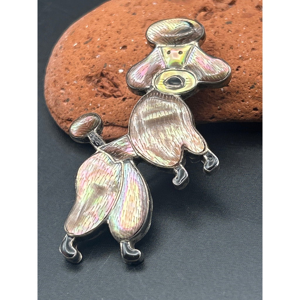Vintage 1950s Silver Tone Pearlized Enamel Dancing Poodle Dog Brooch