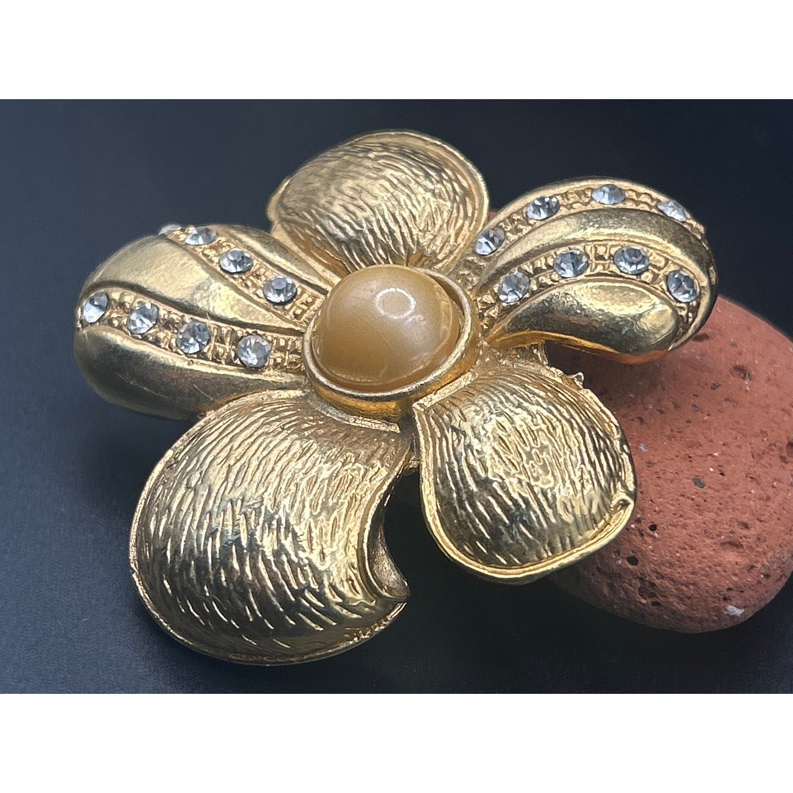 Vintage 80s Gold Tone Flower Brooch Faux Pearl Rhinestone Floral Pin 2.5 x 2.5"