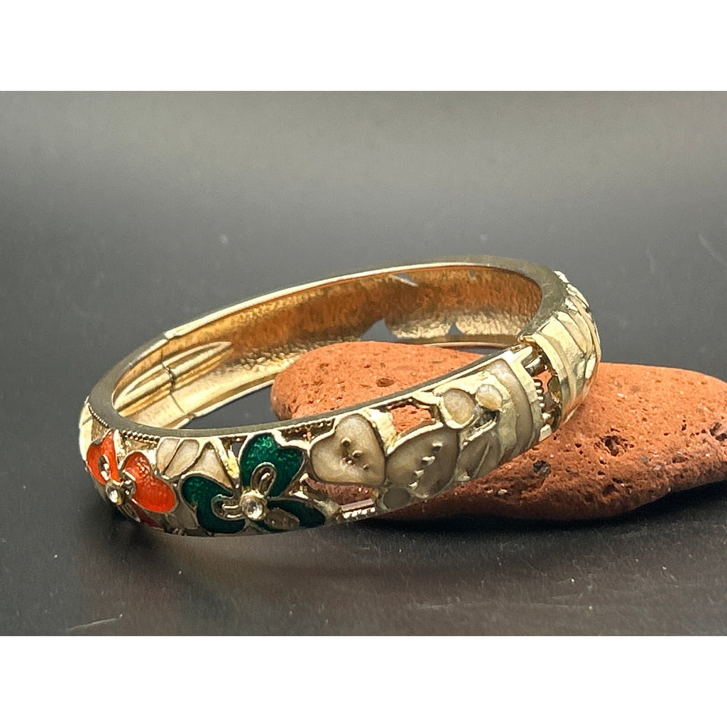 Vintage Floral Enamel Hinged Clamper Bangle Bracelet | Gold Tone Orange Green