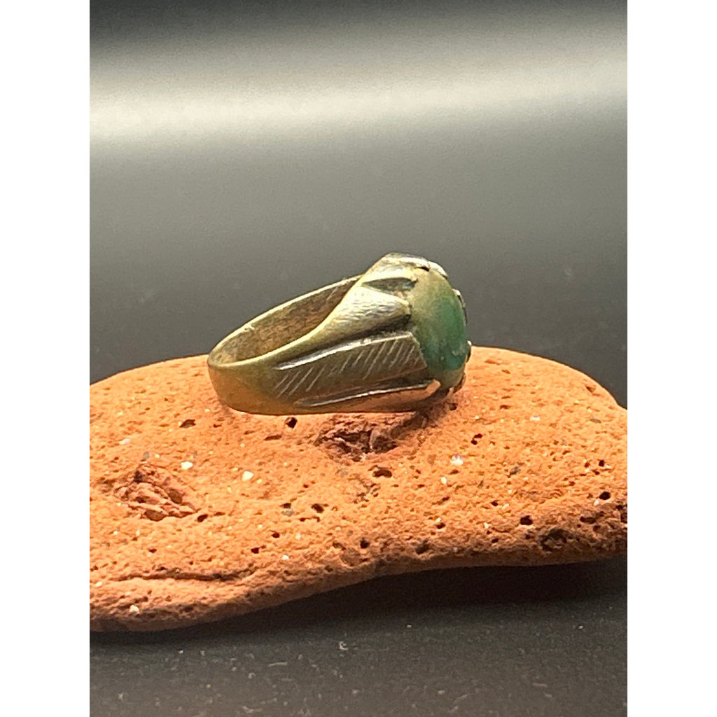 Vintage Afghan Kochi Tribal Ring Brass Alloy Green Glass Cabochon Size 10.5