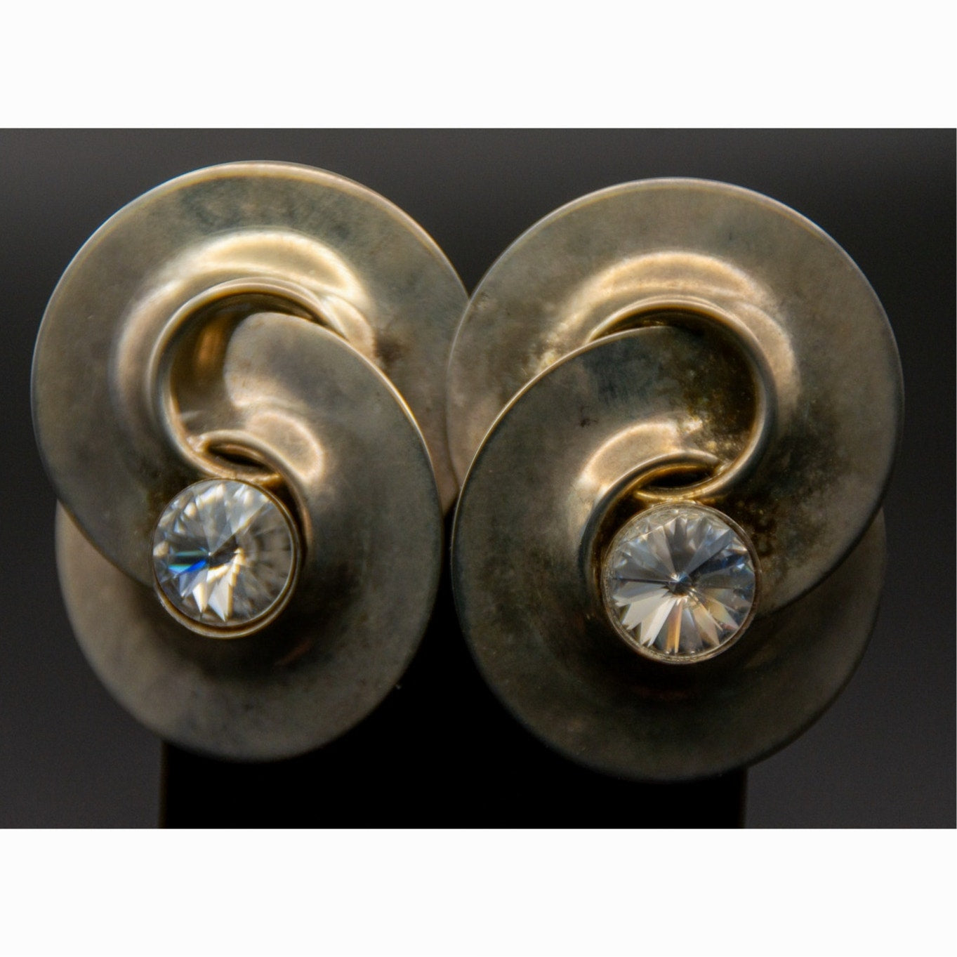 Vtg Norma Jean Swirl Clip On Earrings Large Rivoli Headlight Crystal 80s 90s